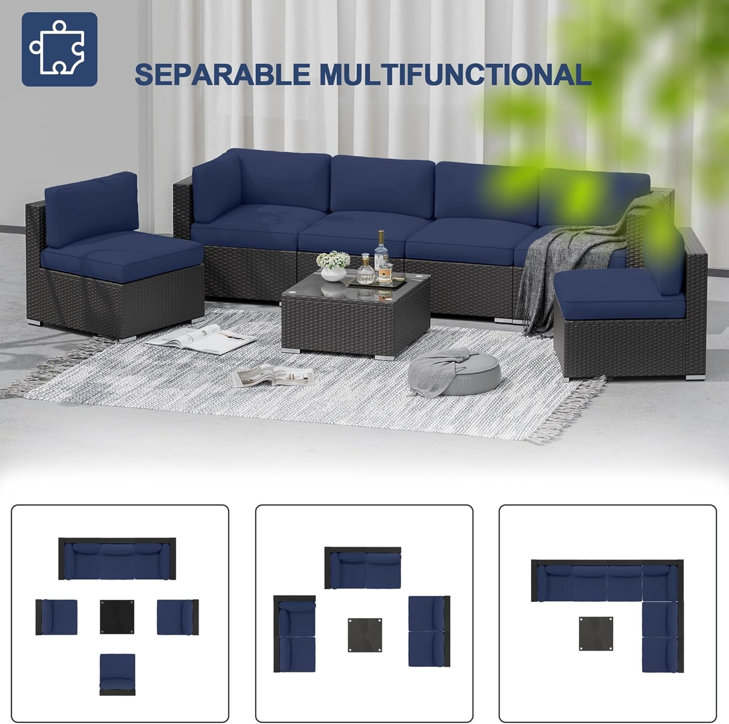 SUNCROWN 7-Piece Outdoor Patio Furniture Sofa Set All-Weather Black Wicker Sectional Cushioned Washable Seat Conversation Set with Modern Glass Coffee Table and Cushions (Dark Blue)