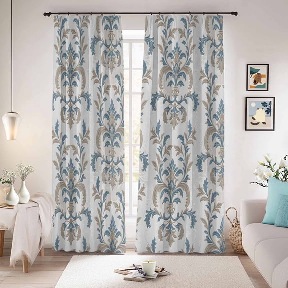Blue Tan Flower Blackout Curtains for Bedroom/Living Room, Pinch Pleated Black Out Curtains, Abstract Vintage Ethnic Tribal Boho Room Darkening Window Drapes with Hooks 2 Panels, 39"x70"