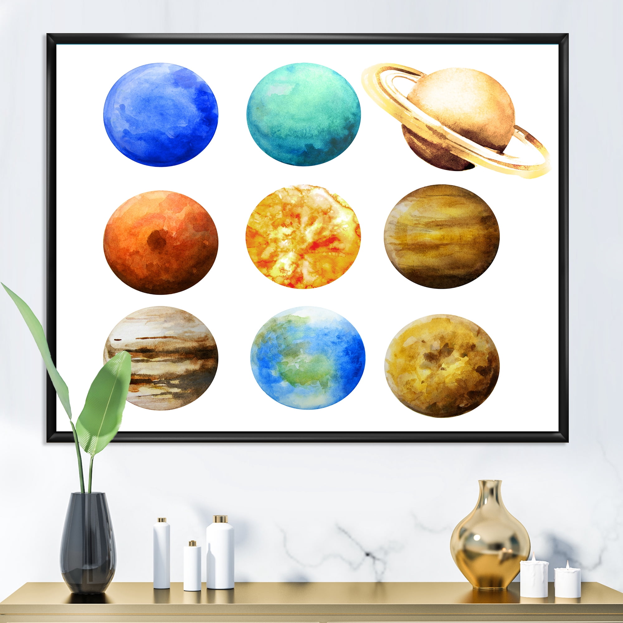 Designart 'Different Planets In Orbit' Modern Framed Canvas Wall Art Print