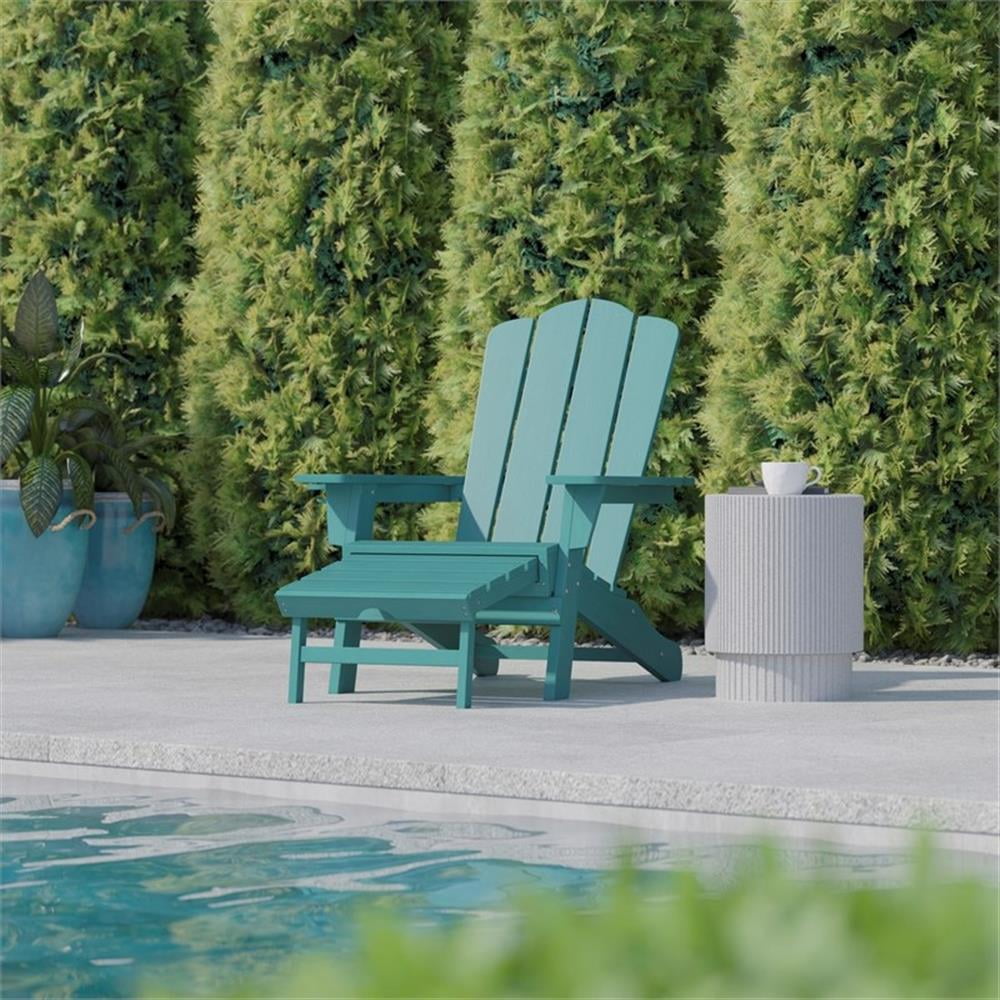 Pemberly Row Adirondack Chair with Pullout Ottoman & Cupholder in Blue