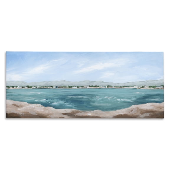 Stupell Industries Coastal Panoramic Rocky Ocean View Distant Town Canvas Art, 40 x 17, by Grace Popp