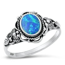 CHOOSE YOUR COLOR Bali Leaf Blue Simulated Opal Ring .925 Sterling Silver Band CZ Female Size 9