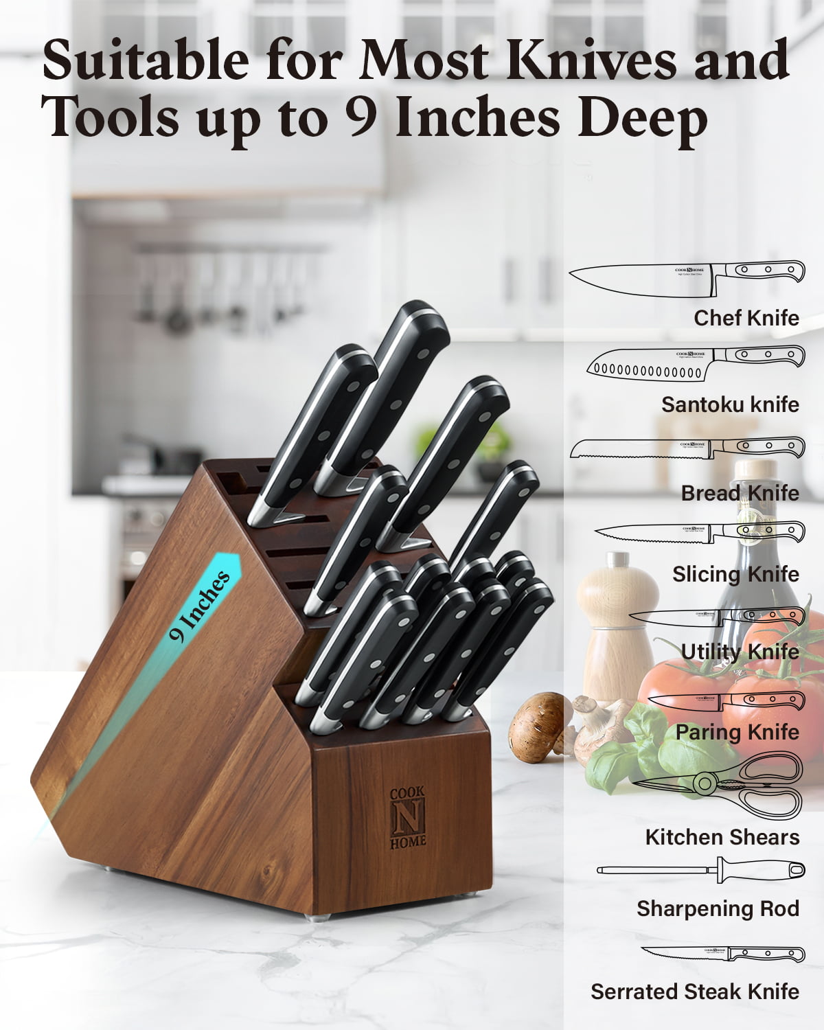 VEVOR Universal Knife Holder, Acacia Wood Knife Block Without Knives, Extra  Large Knife Storage Holder Stand with PP Brush, Multifunctional Wooden