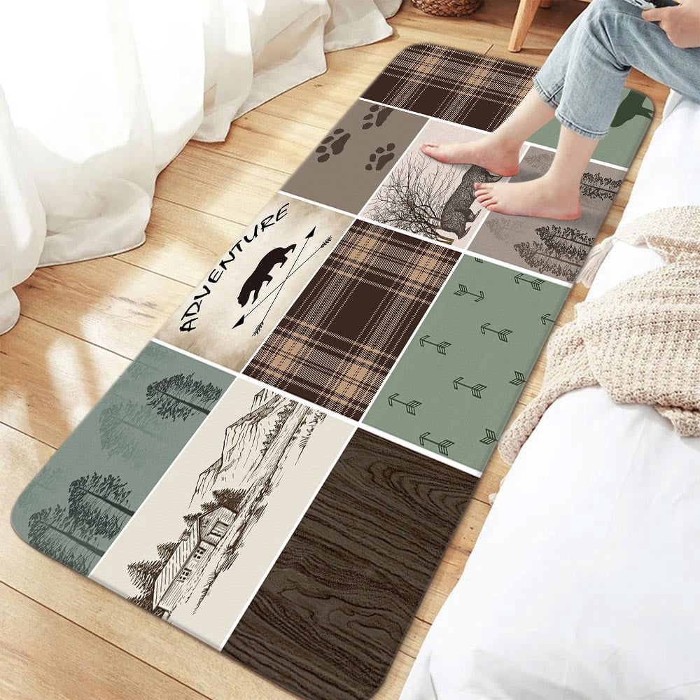 Rustic Cabin Bath Mat,Bear Deer Forest Woodland Farmhouse Brown Flannel Non Slip Mat Rug,Forest Vintage Wood Bathroom Kitchen Door Mat,16X48in