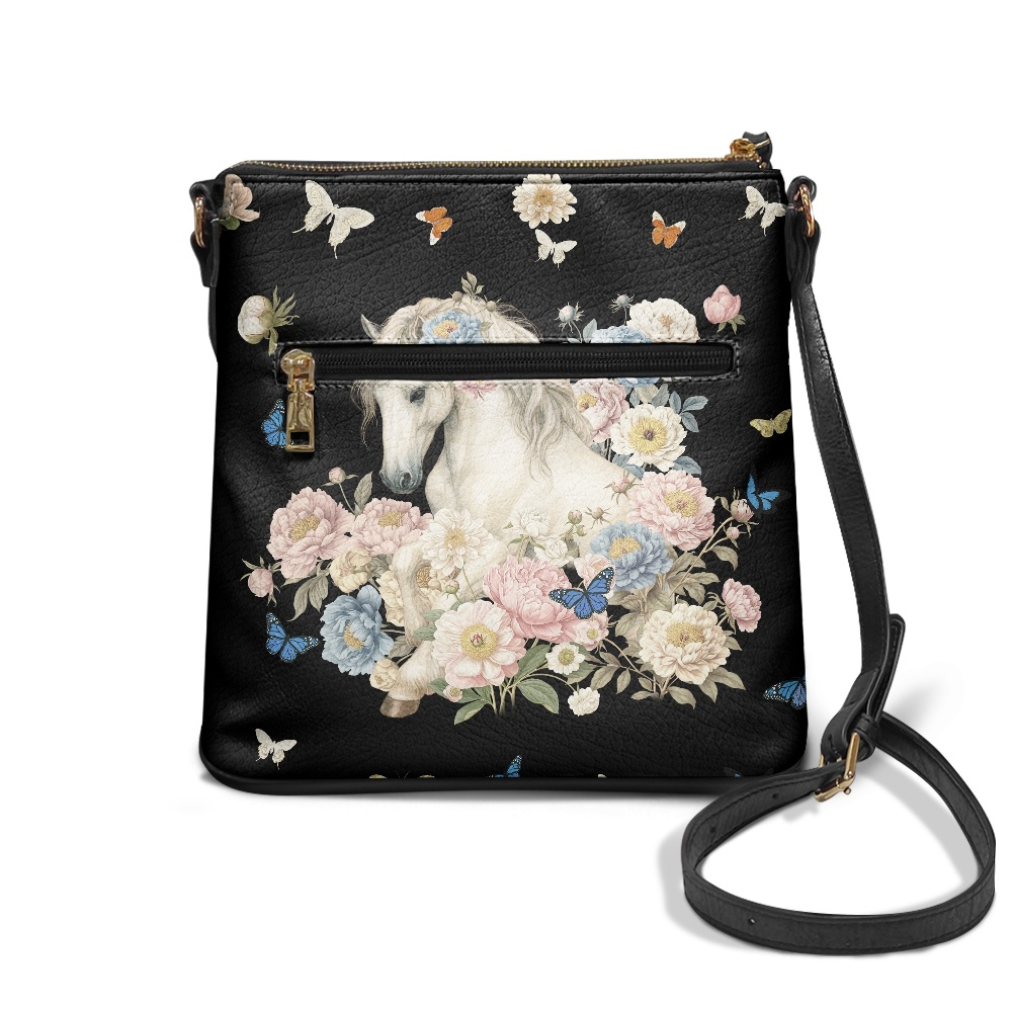 Kuiaobaty Horse Flowers Print Crossbody Bag for Women, Butterfly Print Leather Satchel Purse with Adjustable Strap, Zipper Pockets Shoulder Handbag Crossbody for Travel, Black