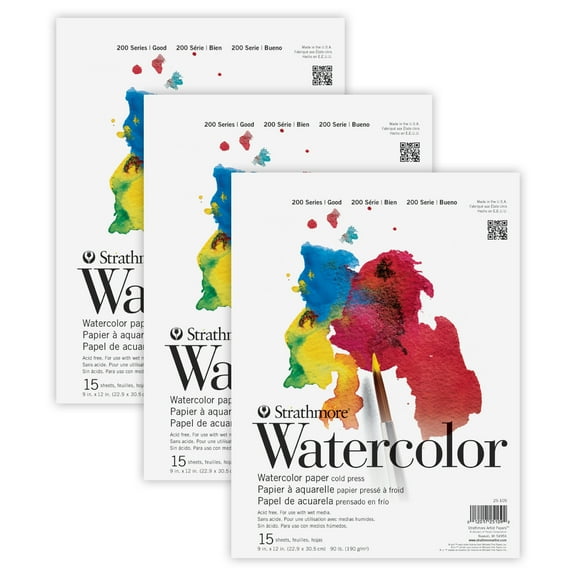 Strathmore 200 Series Watercolor Pad, Tape Binding, 15 Sheets, 9x12 inch, Pack of 3