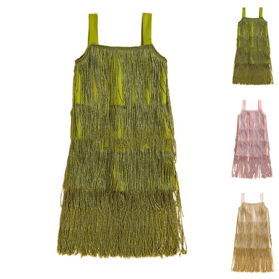 Qodauz Girls Tassels Party Dress Sequin Spaghetti Strap Mini Graduation Dance Latin Birthday Special Occasion Dresses 3-12 Y Green