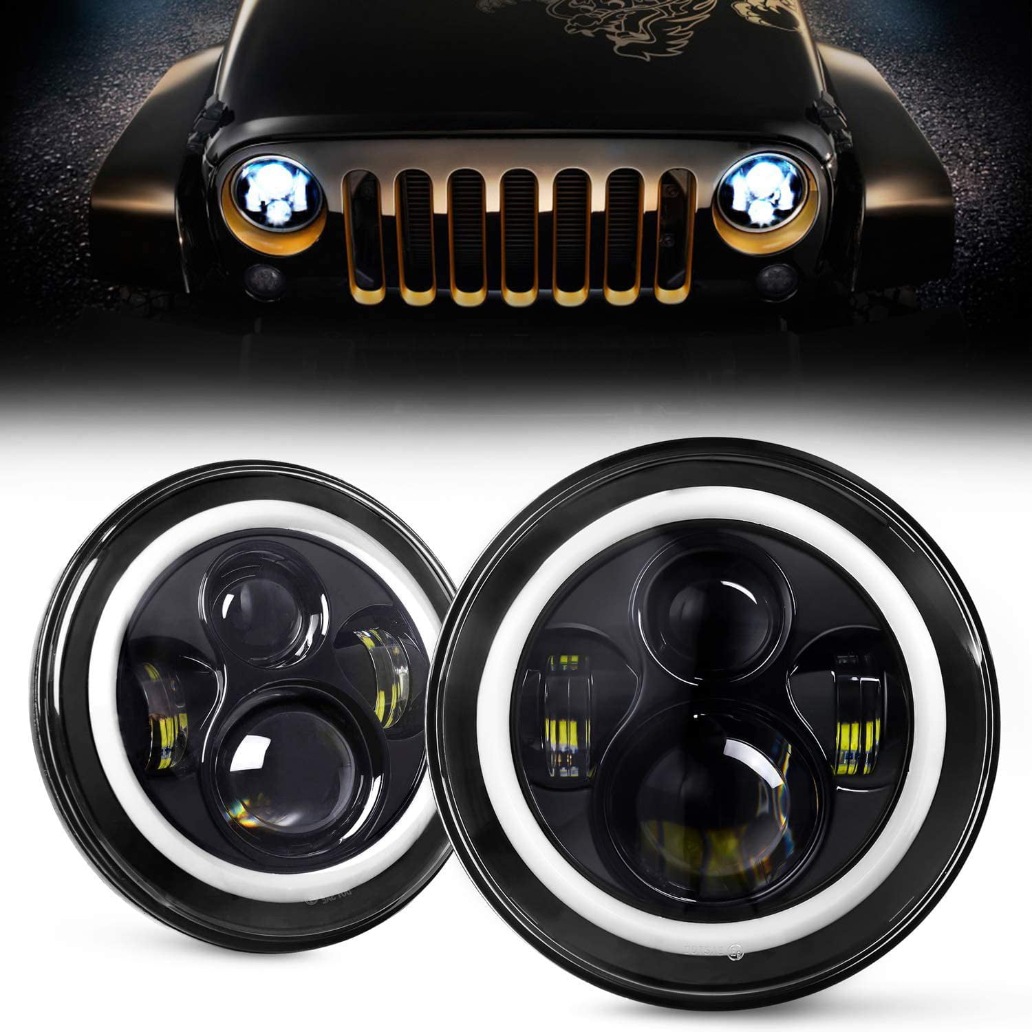 Amber 7" Round LED Halo Ring H4 Headlamps Angel Eye Jeep Wrangler CJ TJ JK Sport