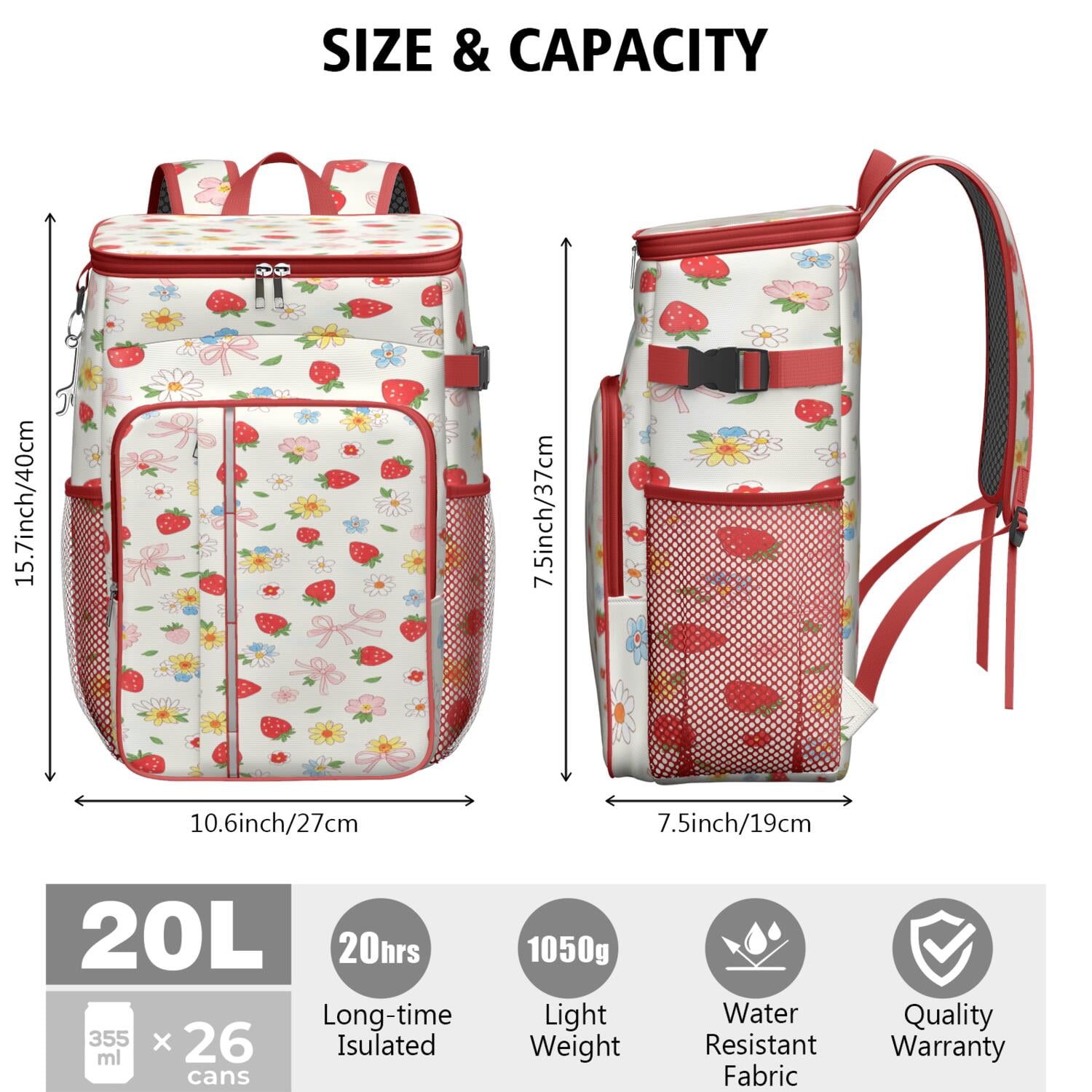 Insulated Lunch Box Cooler Backpack Strawberry Fruit Lightweight Insulated Backpack Cooler Leak Proof Travel Camping Lunch Backpack Outdoor Cutlery Backpack for Outdoor Enthusiasts