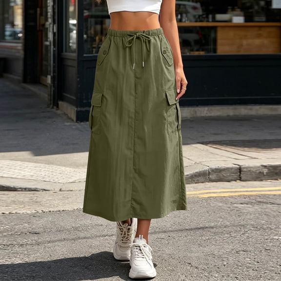 Binmer Women's High Waisted Cargo Midi Skirt,Elastic Waist Casual Skirt with Pockets a-Army Green,Women's Plus L