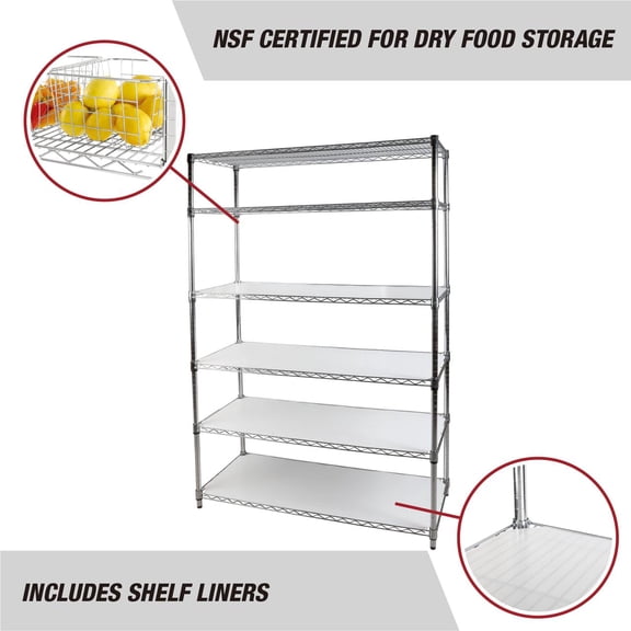 Open Box Hyper Tough 6-Tier Wire Storage Shelves with Liners, 48" W x 18" D x 72" H, 3600 lb Load Capacity, Chrome