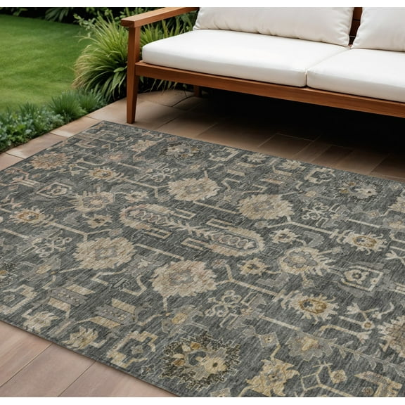 HomeRoots 582078 9 x 12 ft. Oriental Washable Indoor & Outdoor Rectangle Area Rug, Gray, Silver & Beige