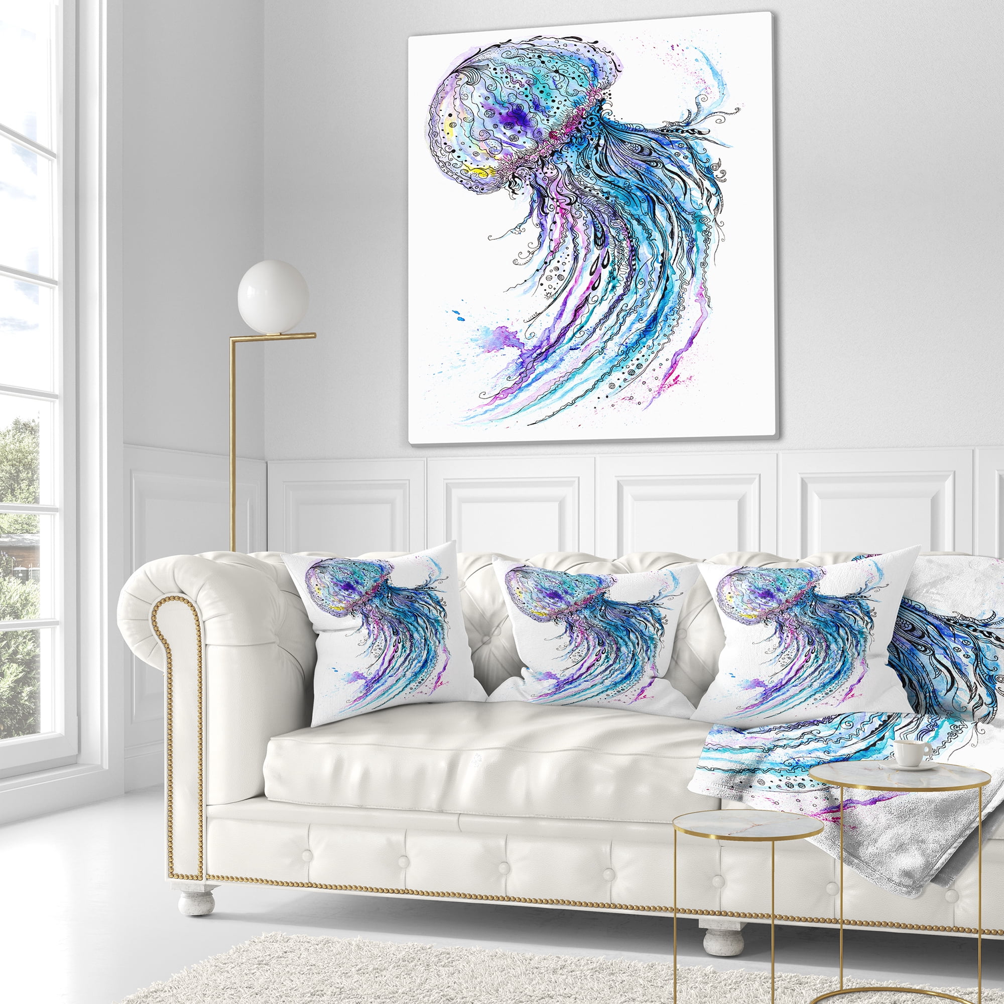 Designart Jelly Fish Watercolor - Animal Throw Pillow - 16x16