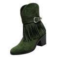 thumbnail image 2 of Willtoo Women's Ankle Boots with Tassel Fringe Faux Suede Pointed Toe Warm Boho Pull-on Low Stacked Heel Booties Western Buckle Strap Chunky Booties, 2 of 7