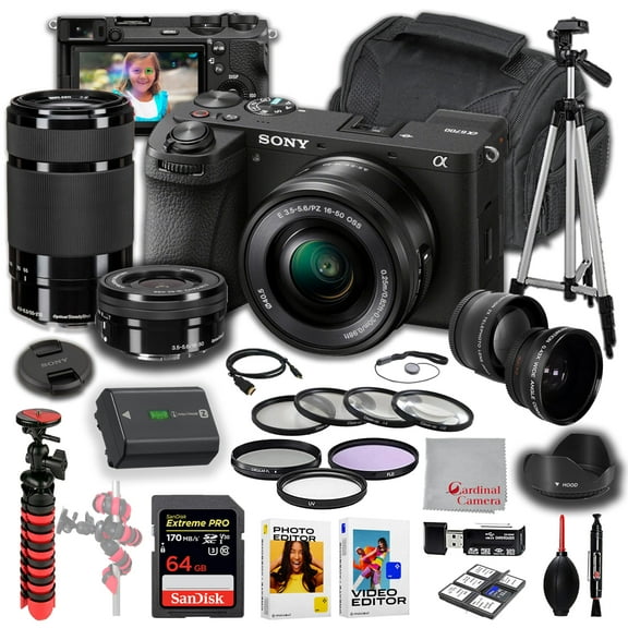 Sony a6700 Mirrorless Camera with 16-50mm and 55-210mm Lenses Kit | 26MP | 64GB Extreme Memory, Wideangle and Telephoto Lenses, Editing Software, Filters and Tripod Bundle