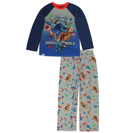 Lego Jurassic World Dinosaur Kids Long Sleeve 2 piece Pajamas Set S21B220JW Get ready for adventure in this awesome LEGO Jurassic World 2-piece boys pajamas set! These cool dinosaur pajamas include a soft long sleeve top and matching pants. These dinosaur pajamas feature graphics of Lego blocks and your favorite Lego Jurassic World dinosaurs: Blue the Velociraptor  the blue and brown Carnotaurus  and Pteranodons! With double-stitched hems and an elastic waist  these pajamas are perfect for any LEGO Jurassic World or Jurassic Park fan.