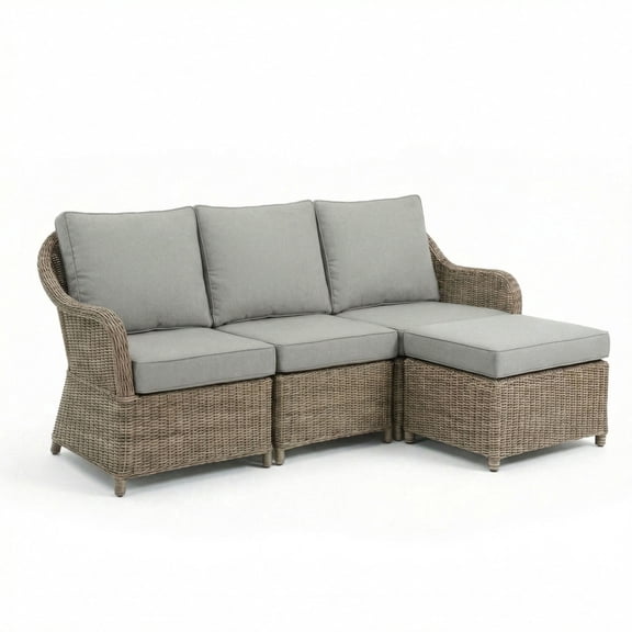 Martha Stewart Indoor-Outdoor Modular 3-Seat Patio Sofa with Ottoman in Weathered Gray Rattan Wicker with Gray All-Weather Cushions