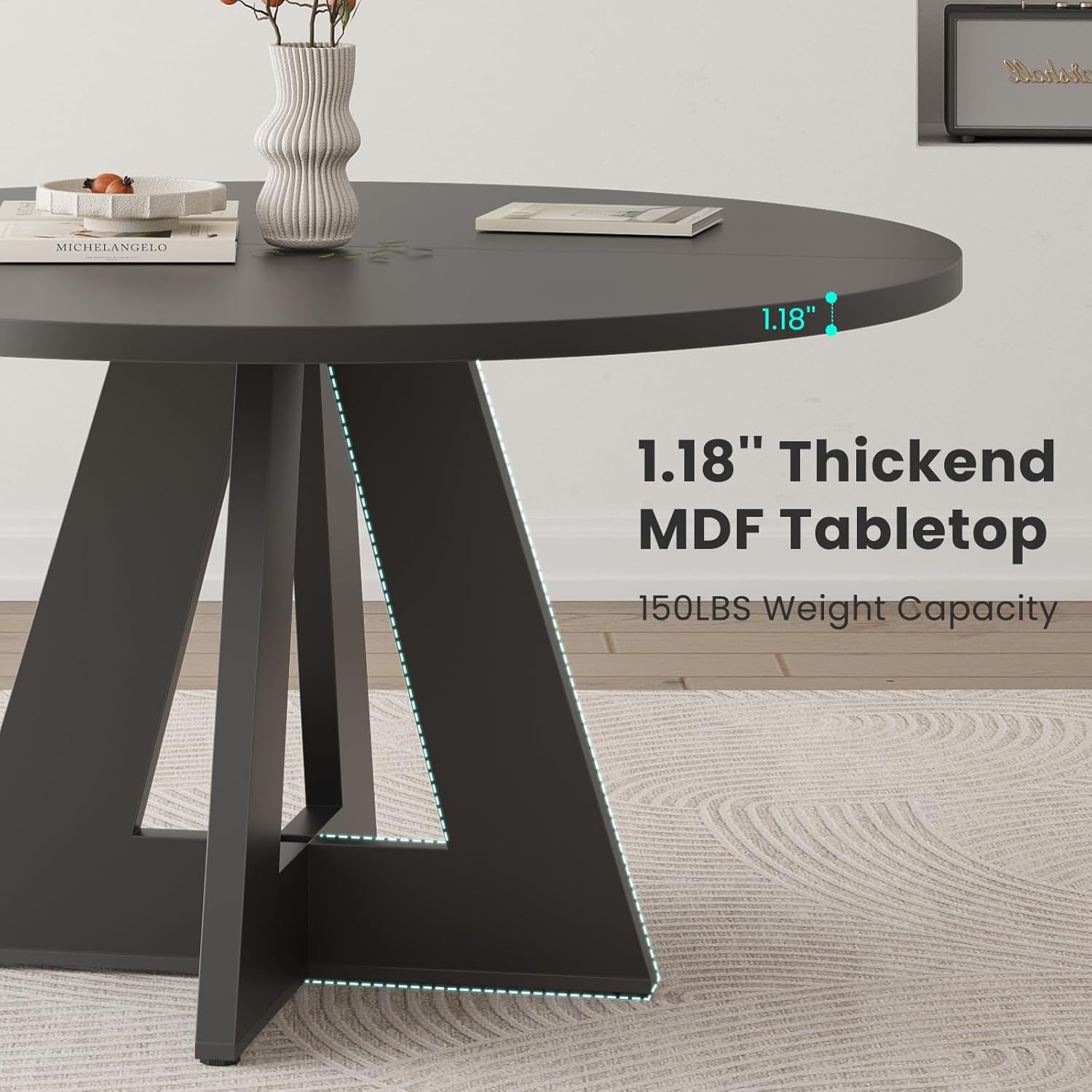 Farini 47" Round Dining Table,Wooden Kitchen Table with Metal Base, Seats 4–7, for Dining Room, Kitchen & Living Room, Black