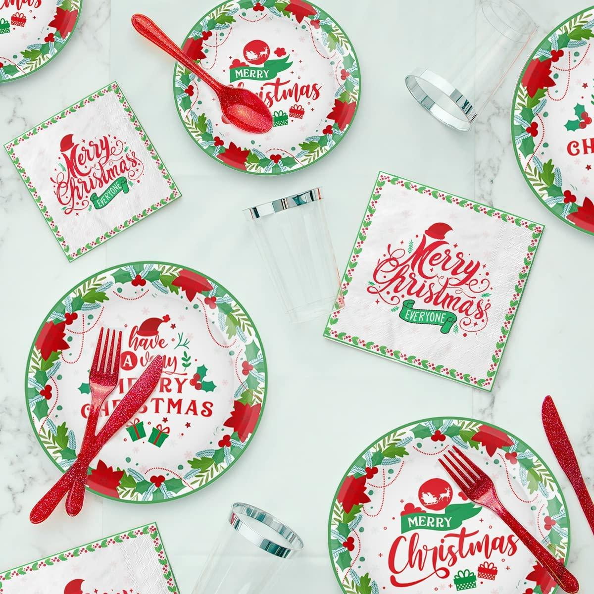 CCINEE Christmas Party Supplies Paper Plates, 96pcs Table Decorations  Christmas Disposable Dinnerware Set Includes Paper Plates Napkins Cup  Serves 24