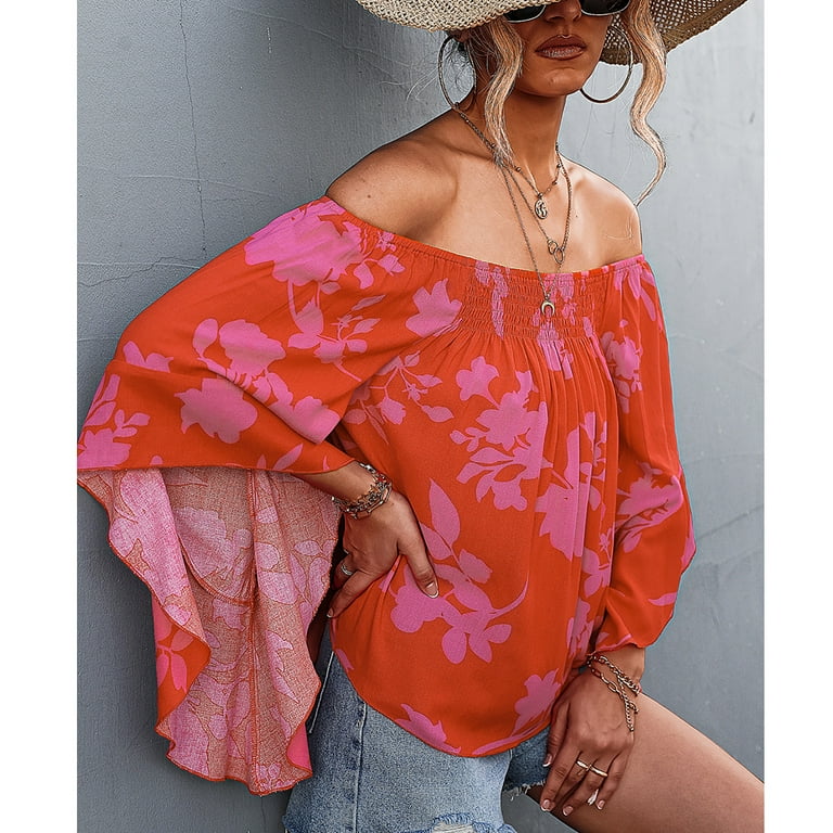 Off Shoulder Top with Bell Sleeves - Floral Prints