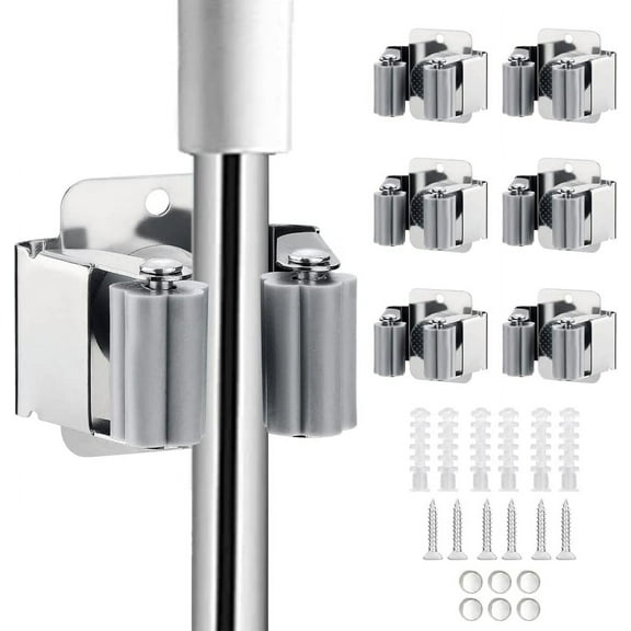6PCS Broom and Mop Holder, Heavy Duty Garden Tool Organizer Rack Rake and Shovel Handle, Stainless Steel Mop Hanger. Wall Mounted Utility Rack with Screws, Silver.