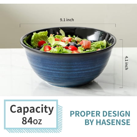 Hasense Large Mixing Bowls, 9 Inch Ceramic Serving Bowls Set of 2 for Kitchen, 84 Ounce Kitchen Salad Bowl Set for Soup,Pho,Pasta,Popcorn, Dishwasher & Microwave Safe(Blue)