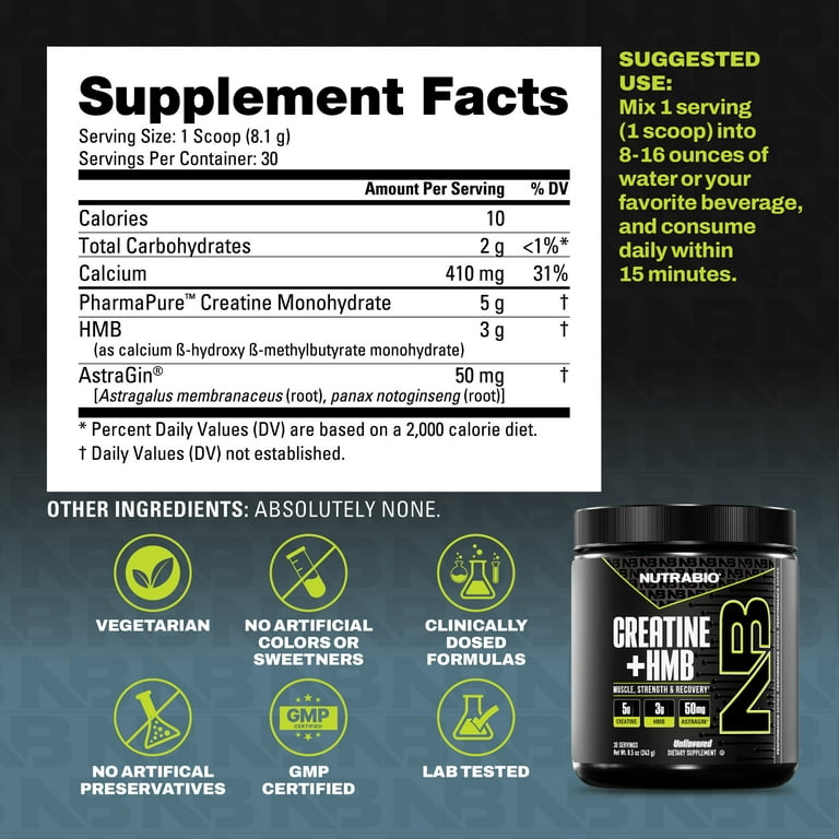 NutraBio Creatine + HMB- Creatine Monohydrate with HMB Powder for