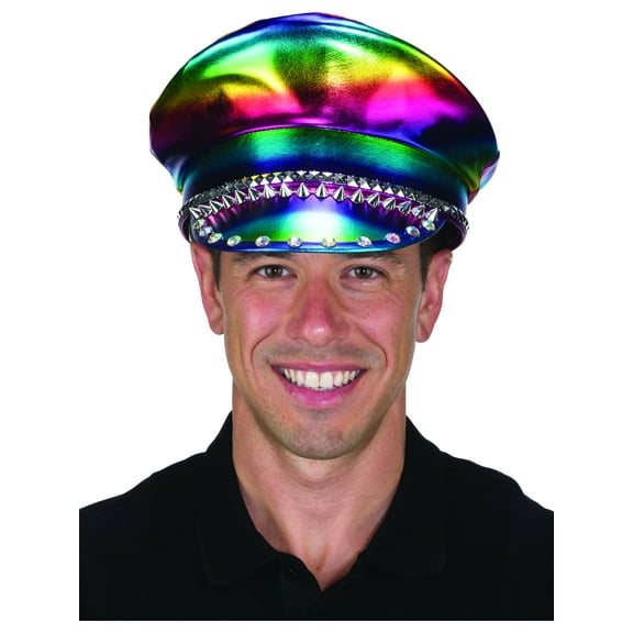 Jacobson Hat Rainbow Vinyl Military Hat With Studs And Jewels Costume Accessory
