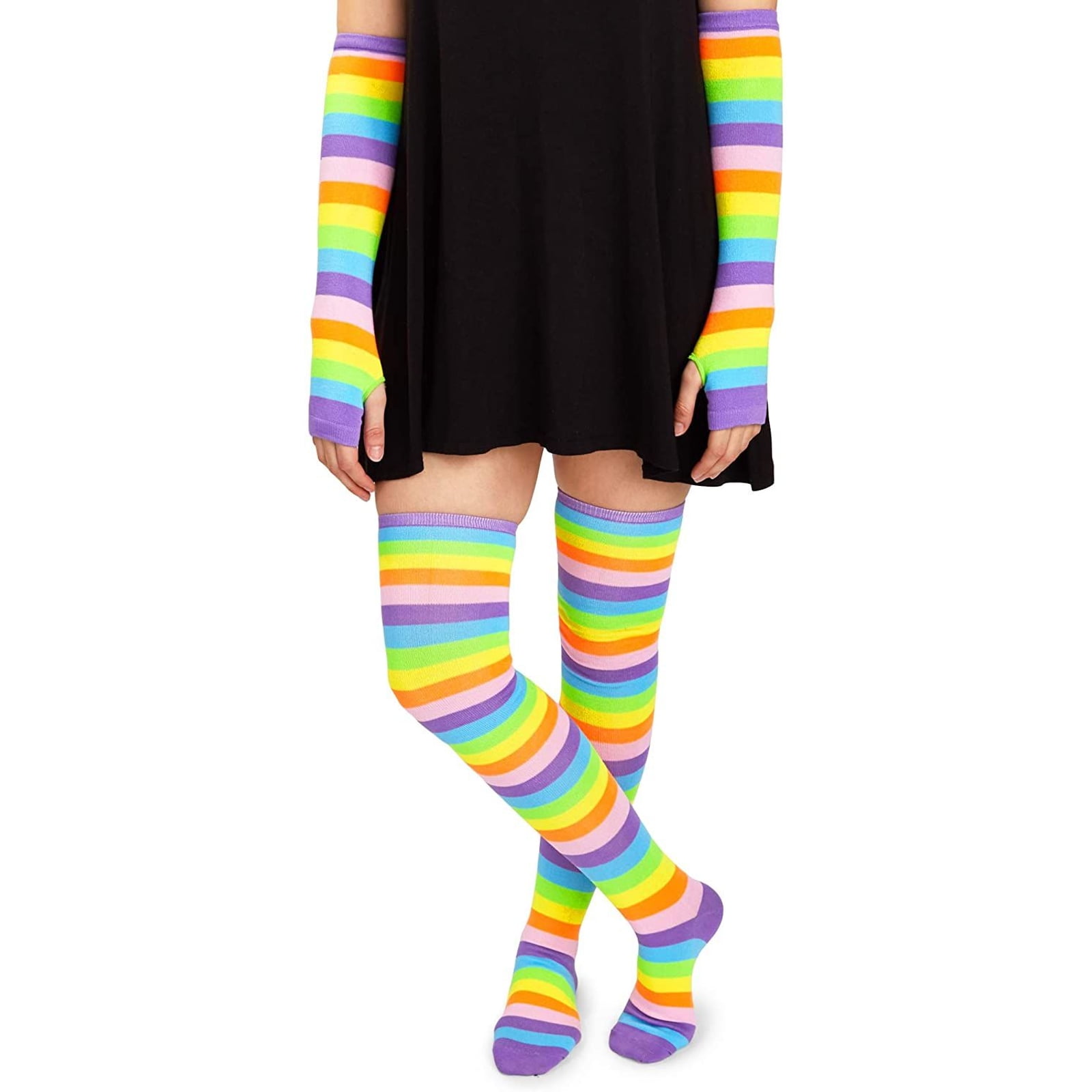 Set of 2 Rainbow Over Knee Thigh High Socks, Long Arm Warmers Goth Fingerless Gloves for Girls, One Size