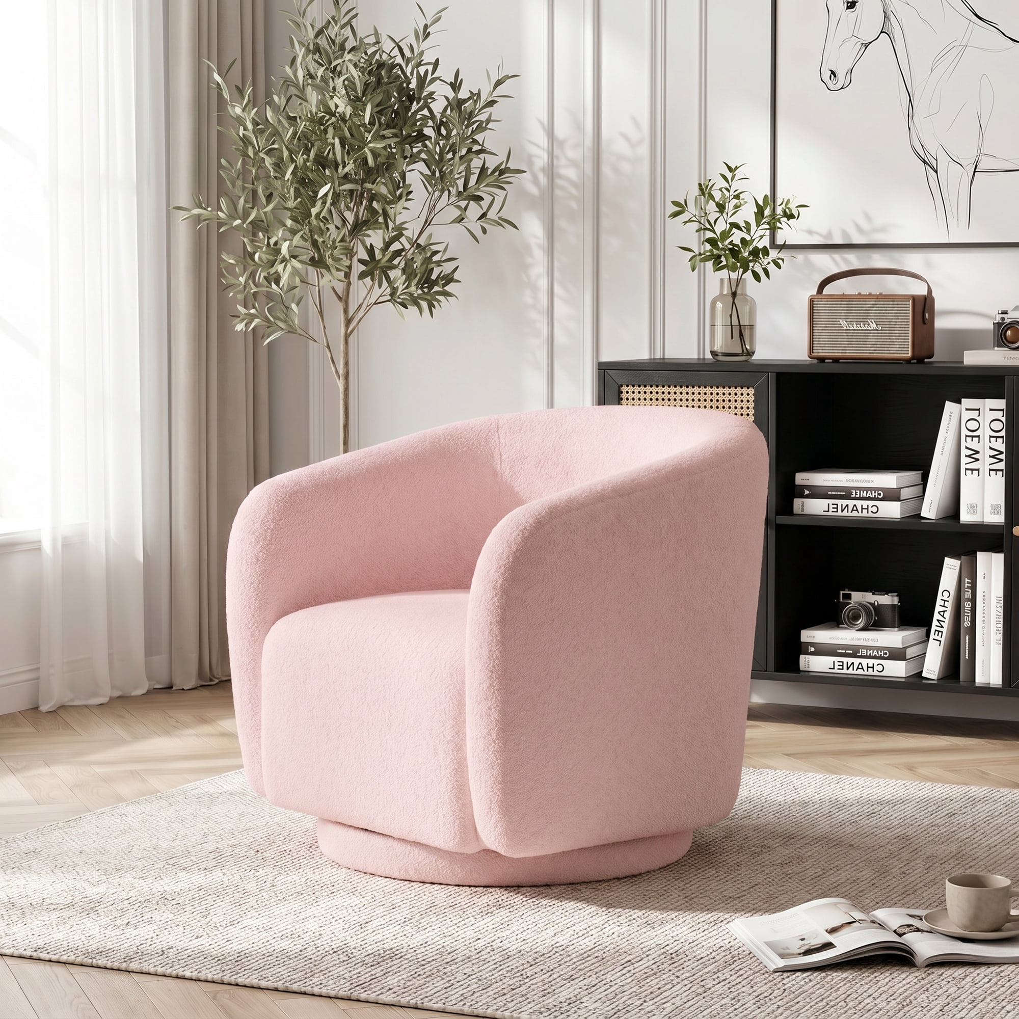 MAYEERTY 31.1" Pink Boucle 360° Swivel Barrel Chair,350LBS Wood Frame Accent Chair with Pillow for Living Room Bedroom Office