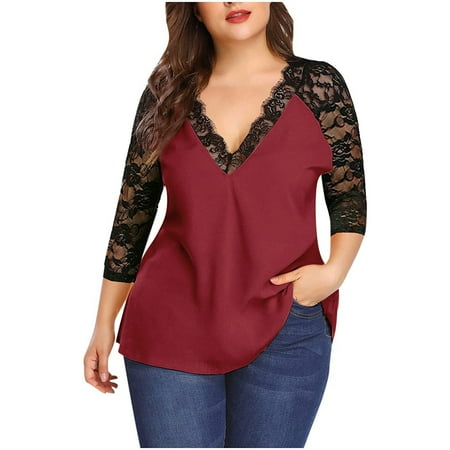 

Dtydtpe Women s Blouses V Neck Elegant Lace 3/4 Sleeve Tops Plus Size Eyelash Stitching Casual Tee Shirts Womens Cotton Summer Tops Womens Pajama Tops Split Neck Top plus Size Clothes for Wom