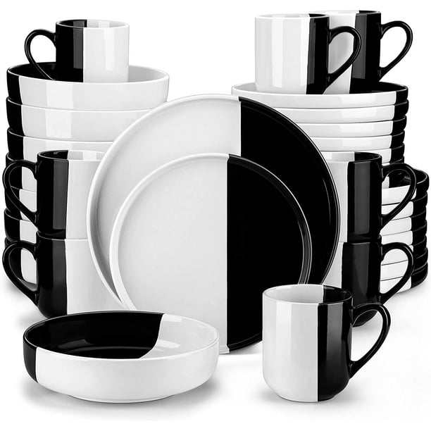vancasso Aria, 32 Pieces Stoneware Dinnerware Set, White & Black Dipped