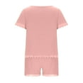 thumbnail image 6 of Women's Cotton Linen 2 Piece Outfits Cute Lace Crew Neck Short Sleeve Tops and Wide Leg Shorts Sets Tracksuits, 6 of 6