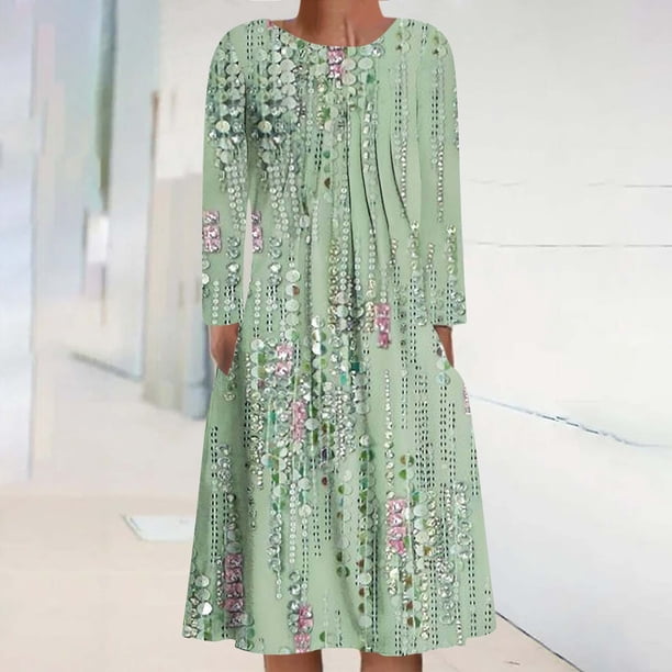 ICHUANYI Clearance Women's Casual Round Neck Long Sleeve Folding Floral Printed Dresses(Green, XXL) ICHUANYI WER2023081205389