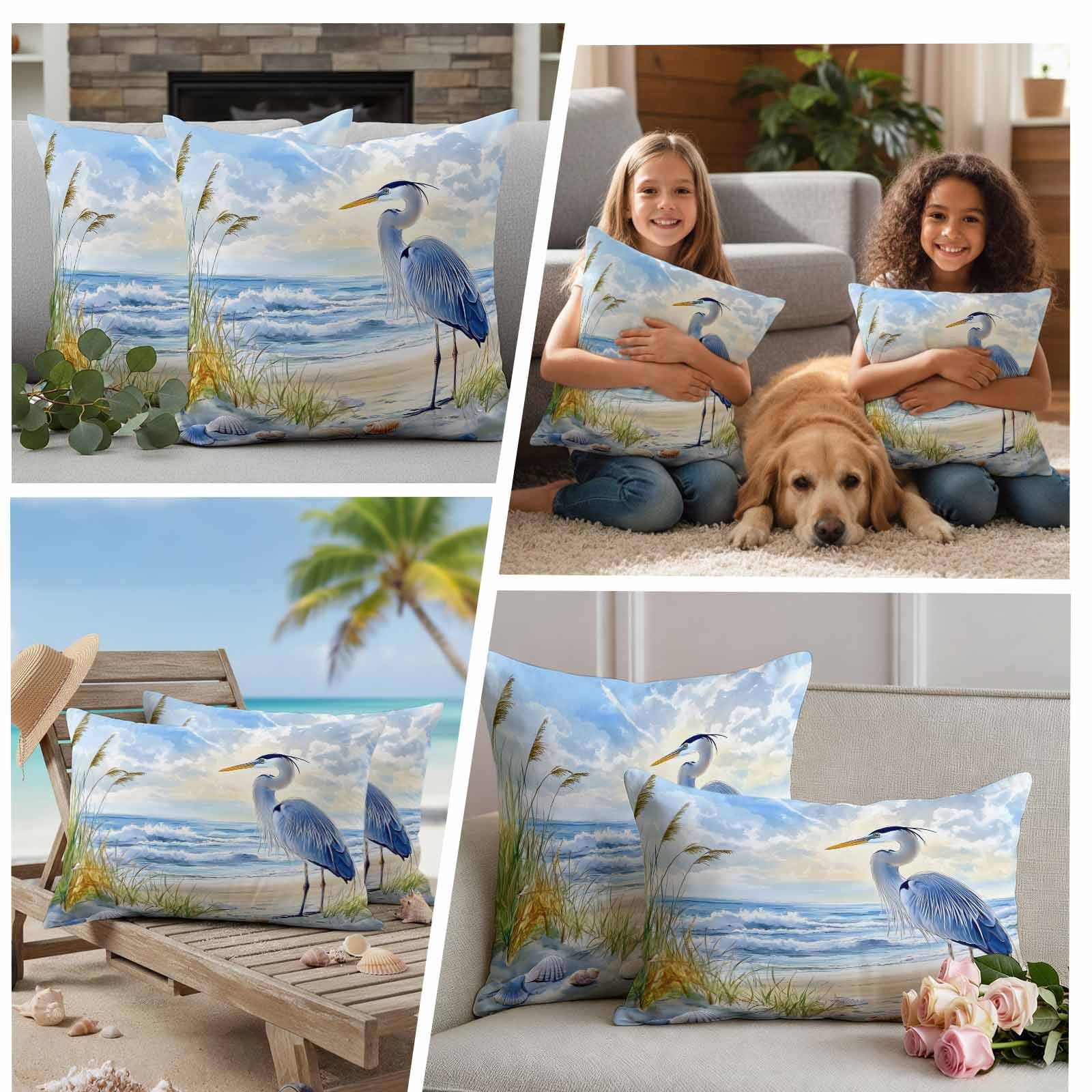 Pack of 2 Outdoor Pillow Covers 20x20 Inch Waterproof Coastal Birds Throw Pillow Covers,Decorative Couch Pillow Shams Protectors Blue Sky Heron Seabird Tropical Beach Patio Pillowcases Cushion Covers