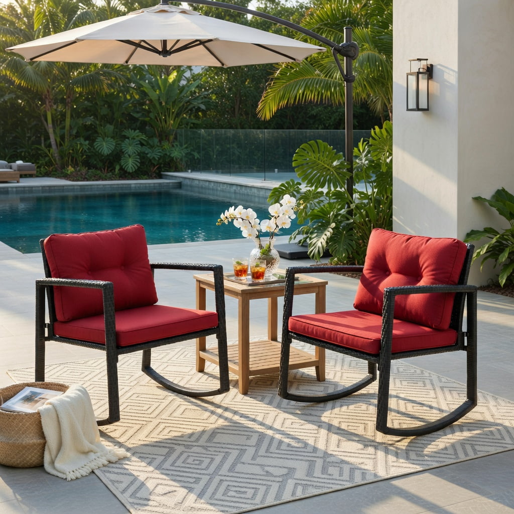 Hommoo 3-Piece Outdoor Wicker Rocking Bistro Set with Tempered Glass Coffee Table & Storage Shelf, Red