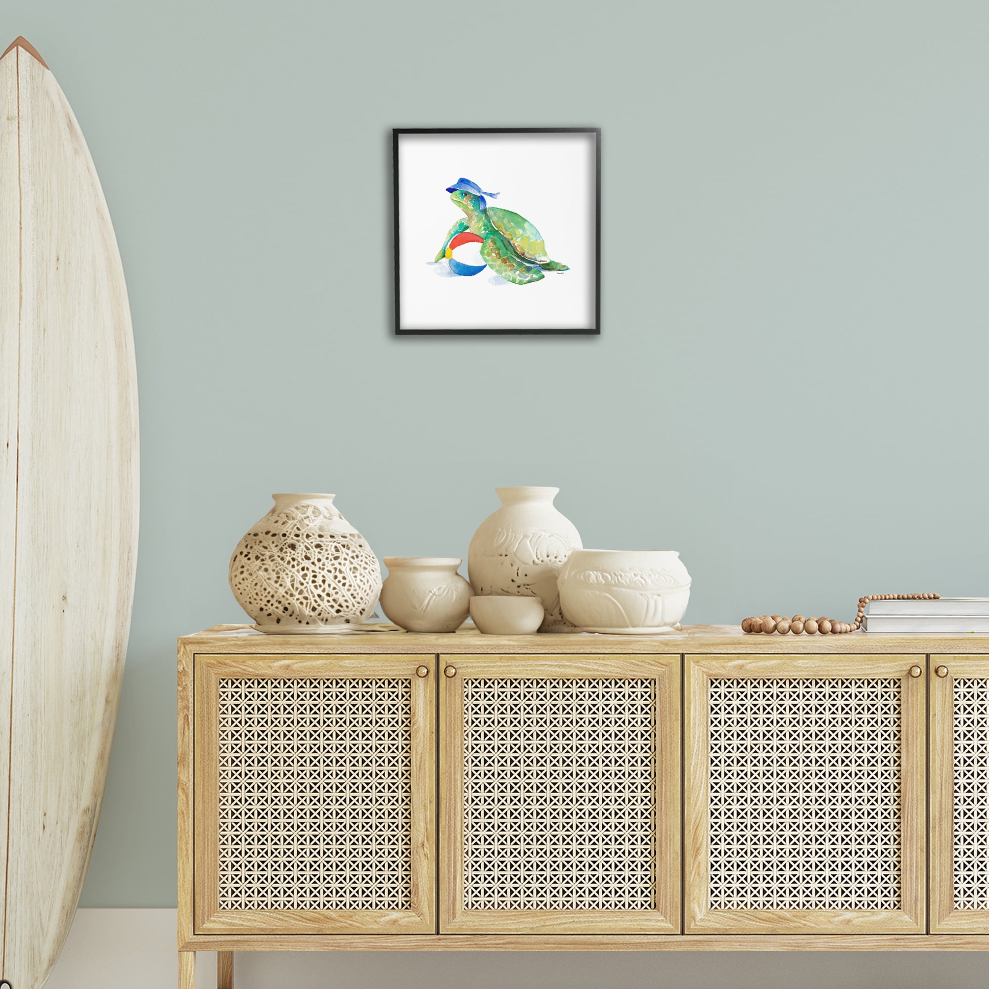 Stupell Industries Turtle & Beach Ball Novelty Painting Black Framed Art Print Wall Art, 17 x 17