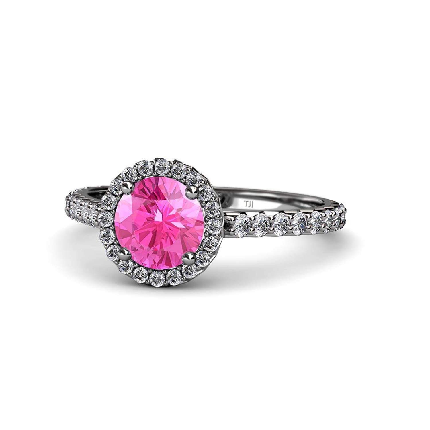 Pink Sapphire and Diamond (SI2-I1, G-H) Halo Engagement Ring 1.33 ct tw in 14K White Gold.size 7.0 by TriJewels