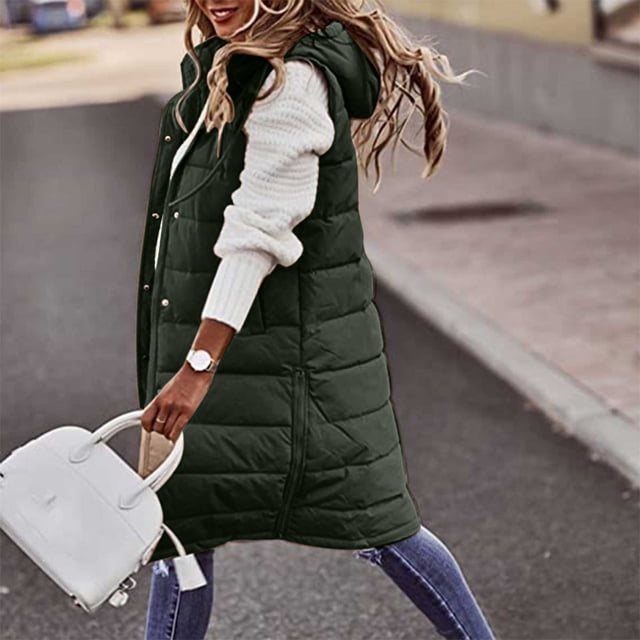 Puntoco Chaleco Acolchado De Longitud Media Con Capucha De Color Sólido Para Mujer Chaqueta Con Bolsillo Sin Mangas Puntoco Puntoco-5694