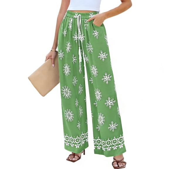 Haivin Women's Bohemian Print Wide Leg Pants, Elastic Waist with Drawstring, Lightweight Beach Vacation Trousers for Resort and Casual Wear