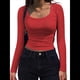 thumbnail image 1 of Camisas de Larga con Cuello Redondo para Mujer, Blusas Informales de Punto Acanalado de Corte Ajustado, Camisetas Básicas de Trabajo para Verano y Otoño. Rojo L, 1 of 9