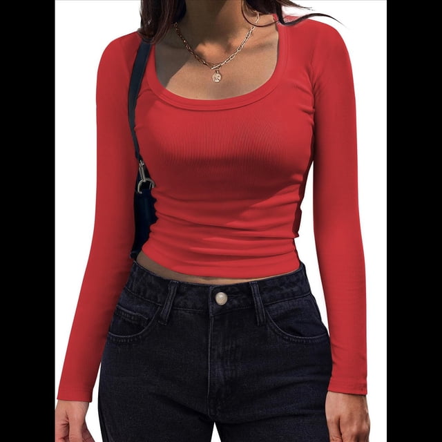 Camisas de Larga con Cuello Redondo para Mujer, Blusas Informales de Punto Acanalado de Corte Ajustado, Camisetas Básicas de Trabajo para Verano y Otoño. Rojo XXL