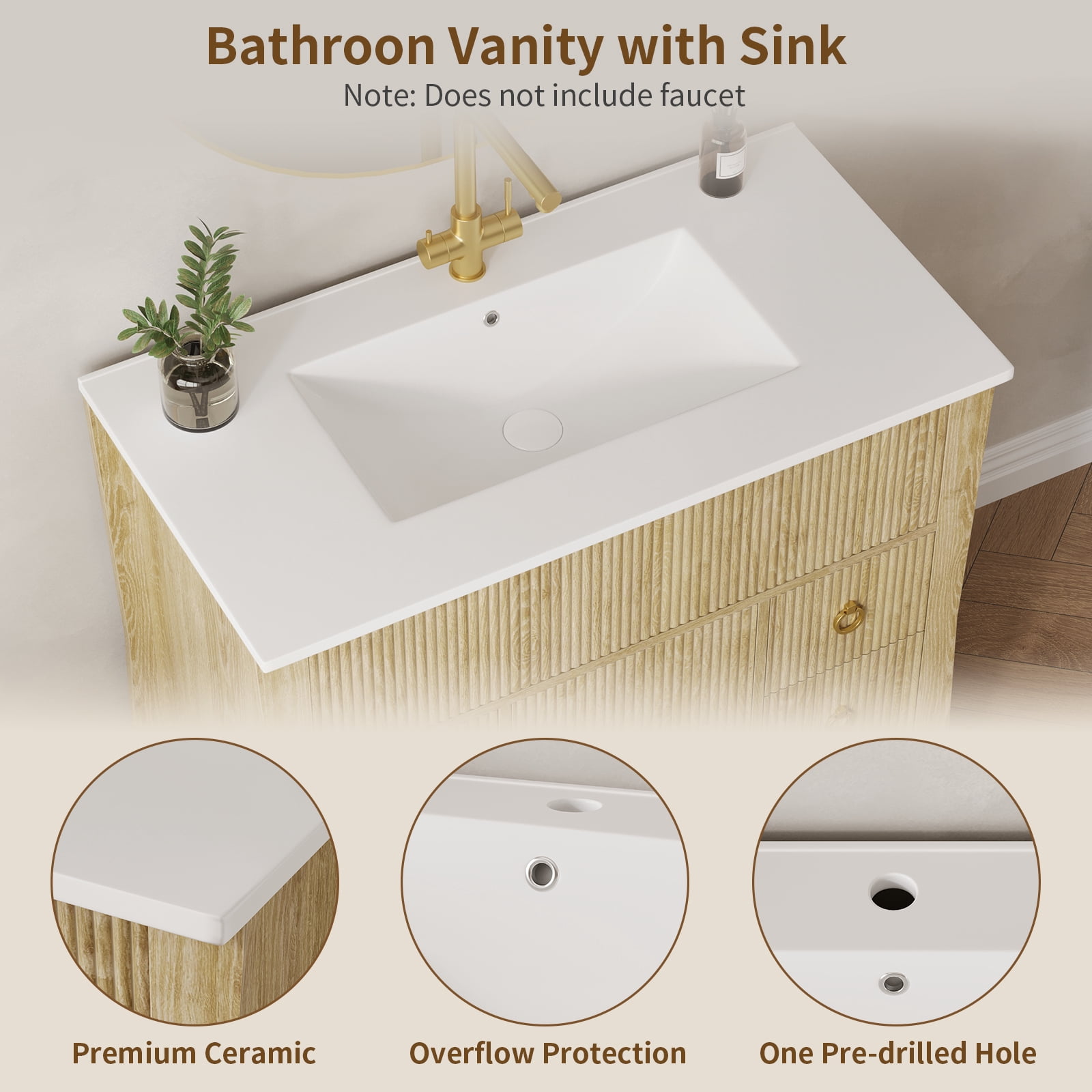 36-inch bathroom vanity, bathroom sink cabinet, with ceramic sink and drainage pipe, and equipped with 4 drawers and 1 door bathroom vanity, made of high-quality wood