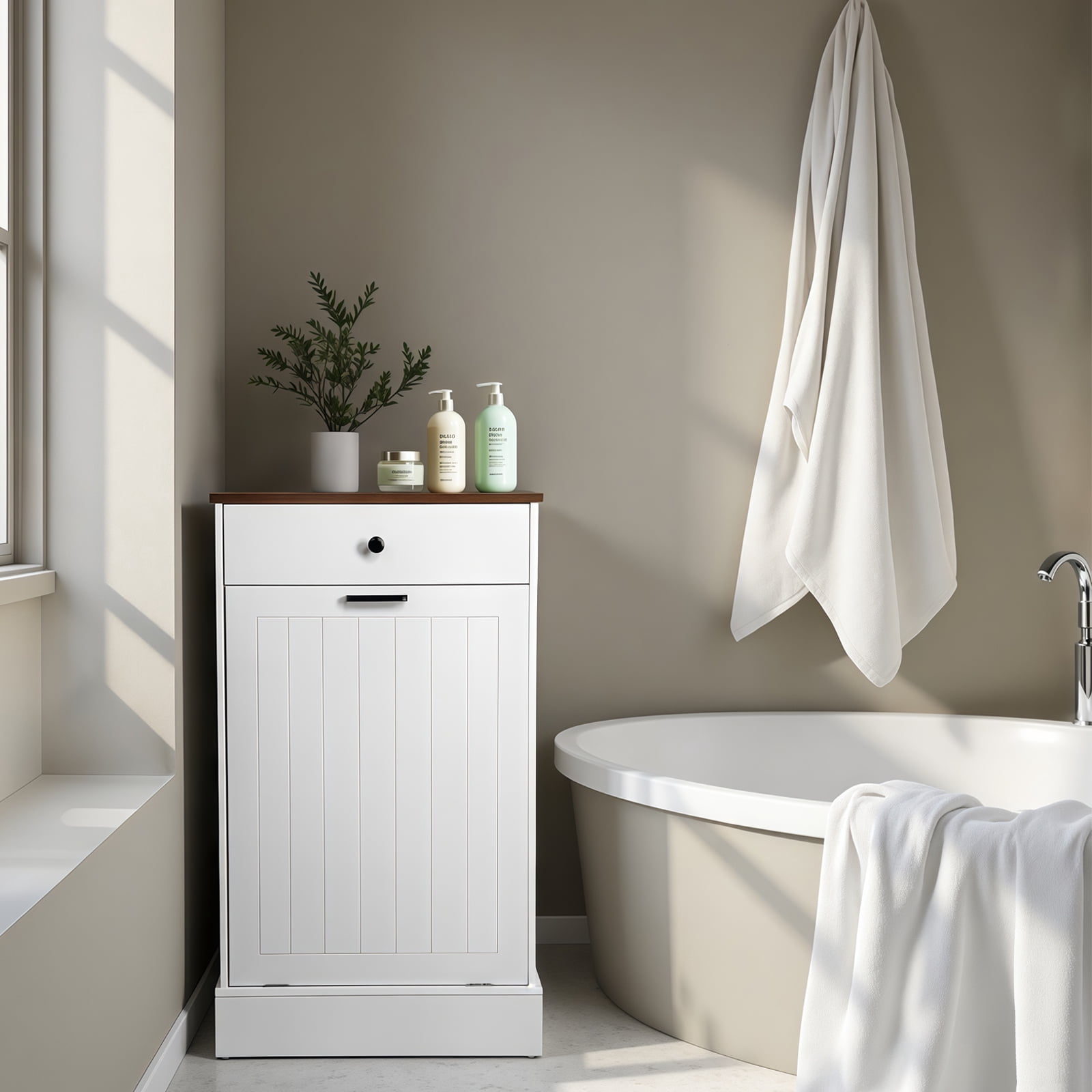 TrumanPick Single Tilt Out Trash Can Cabinet, 10 Gallon Hidden Garbage Bin Holder with Drawer, Free Standing Wooden Laundry Hamper, White Farmhouse Kitchen Trash Can
