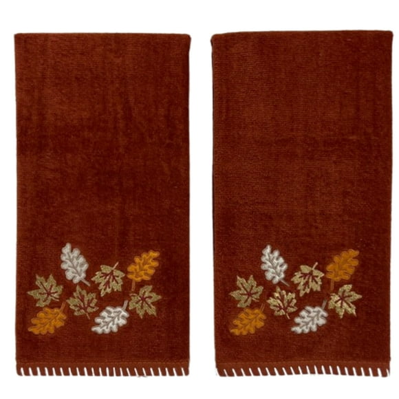 Serafina Home Autumn Fall Bath Hand Towels Bathroom Decor Farmhouse Harvest: Rust Dark Orange 100% Cotton Towels With Embroidered Gold Leaves With Stitched Border 2 Piece Set