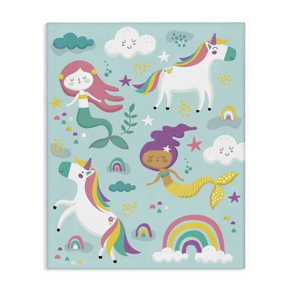 Stupell Industries Contemporary Mermaid and Unicorn Rainbow Collage Kids' Fantasy Illustration Canvas Art, 16 x 20, by Andrea Jasid Grassi