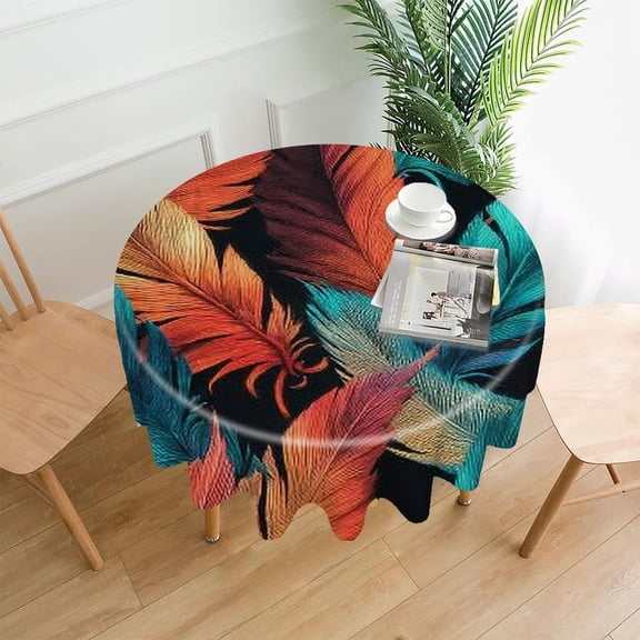 RKSupls 60 Inch Round Tablecloth, Colorful Feathers Pattern Premium Polyester Straight Edge Wrinkle Resistant Washable Table Cover for Party Home Dining Decor