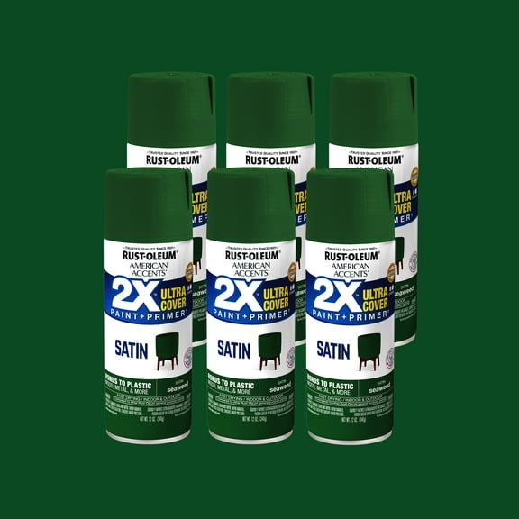 6 Pack, Seaweed, Rust-Oleum American Accents 2X Ultra Cover Satin Spray Paint-383195, 12 oz