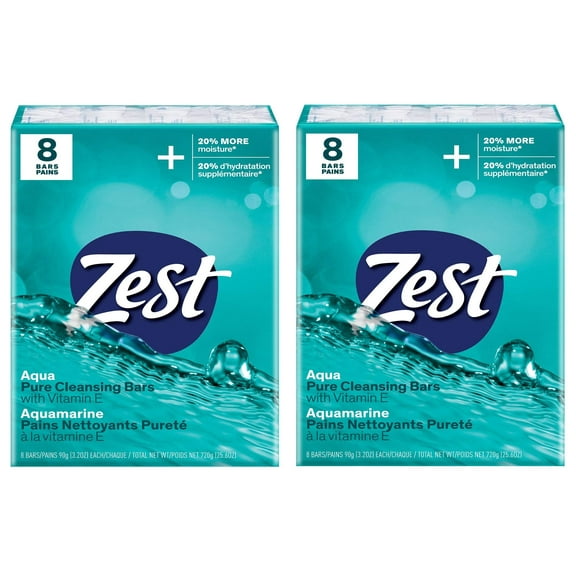 Zest Aqua Pure Cleansing Bar Soap 20% More Moisture 8 Count Pack of 2
