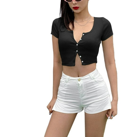 Lady Fashion Été Manches Courtes U-Cou Crop Top Été Boutons T-shirt